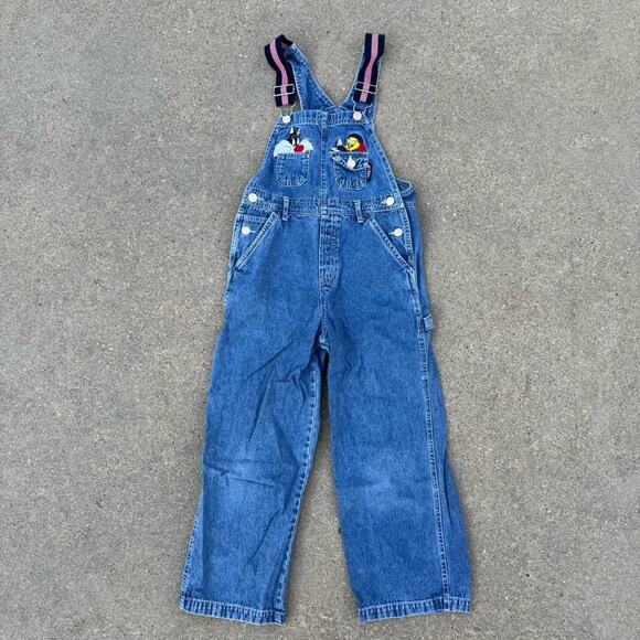 Vintage 90s Looney Tunes Tweety Sylvester Kids Embroidered Blue Denim Overalls M - Picture 1 of 9